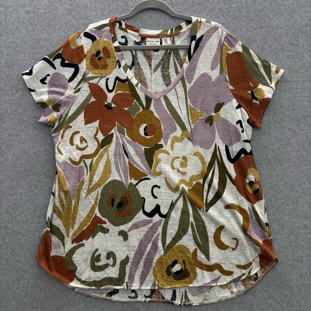 Rachel Zoe 100% Linen Floral T-Shirt Sz 1X Multicolor Relaxed Beach Coastal Boho